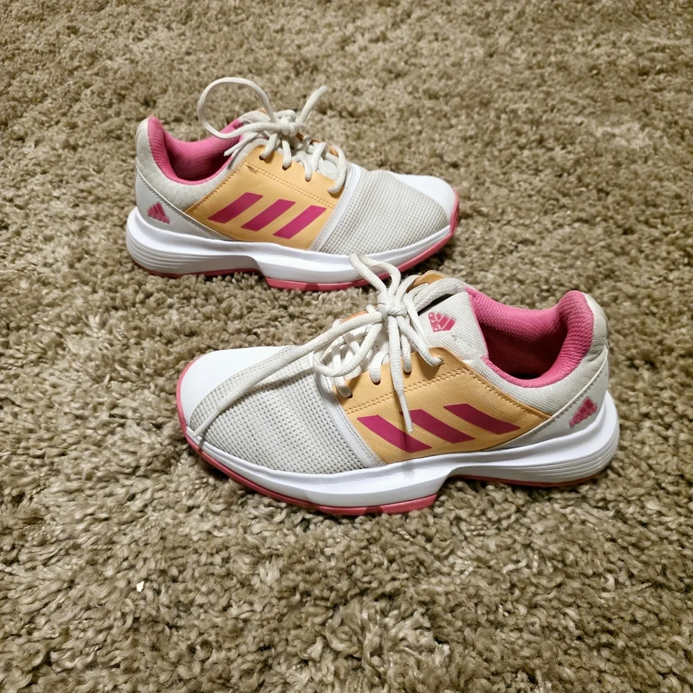 Adidas CourtJam xJ Tennis- Cloud white/Screaming pink/Acid orange - Kids Sz 4 - Picture 2 of 8